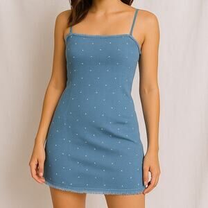 Fashion Nova Blue Denim Rhinestone Mini Dress Size M Spaghetti Strap Y2K